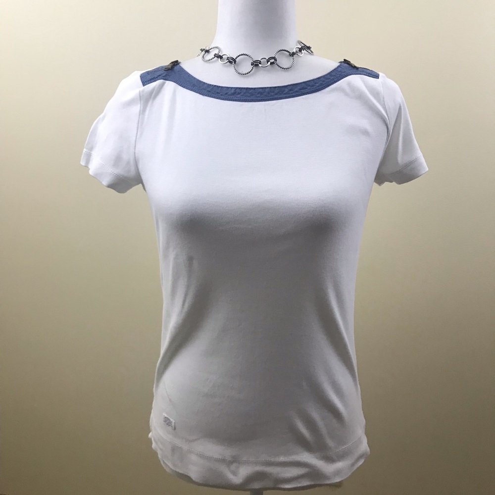 LRL green label Short Sleeve Sz S white blue trim